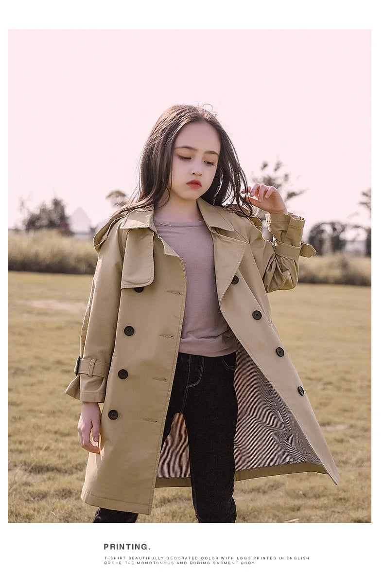 2025 Spring Autumn Cotton Teen Girls Long Trench Coats New Fashion England Style Windbreaker Jacket For Girls Children Clothing