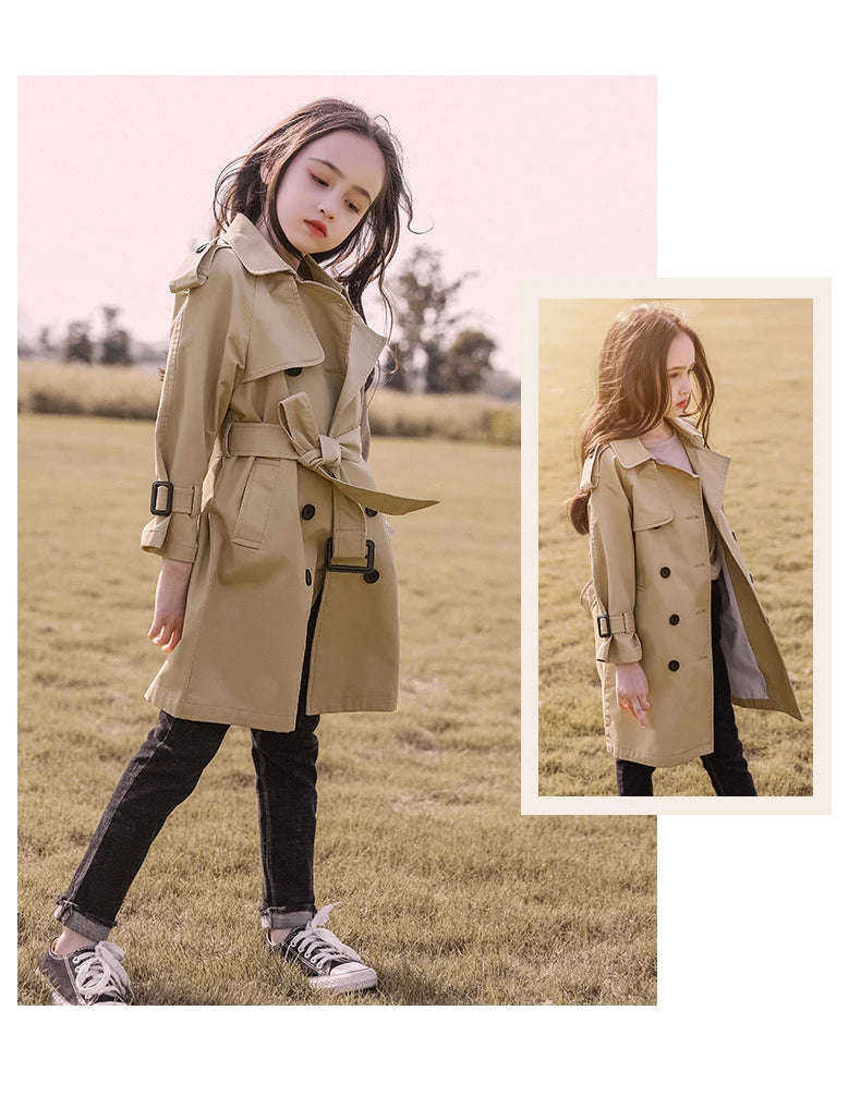 2025 Spring Autumn Cotton Teen Girls Long Trench Coats New Fashion England Style Windbreaker Jacket For Girls Children Clothing
