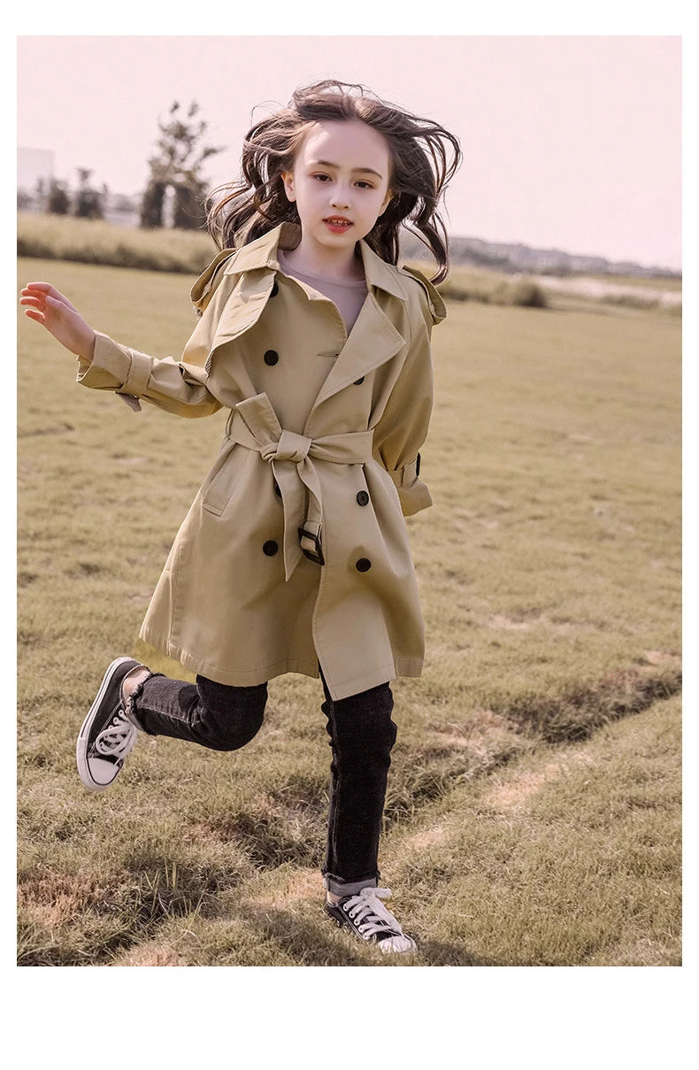 2025 Spring Autumn Cotton Teen Girls Long Trench Coats New Fashion England Style Windbreaker Jacket For Girls Children Clothing
