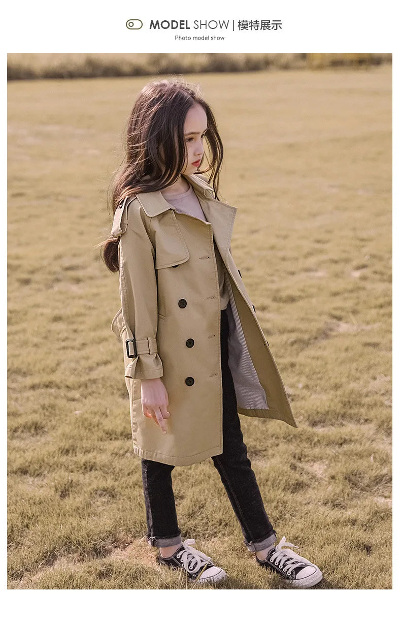 2025 Spring Autumn Cotton Teen Girls Long Trench Coats New Fashion England Style Windbreaker Jacket For Girls Children Clothing