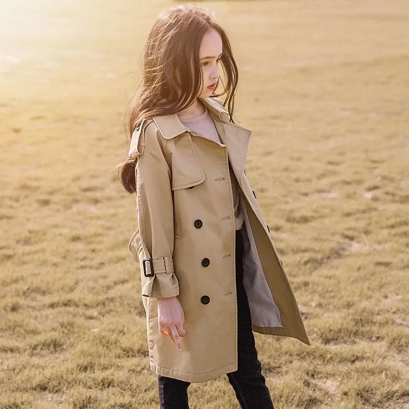 2025 Spring Autumn Cotton Teen Girls Long Trench Coats New Fashion England Style Windbreaker Jacket For Girls Children Clothing