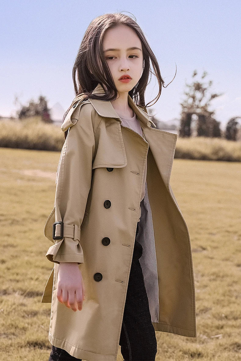 2025 Spring Autumn Cotton Teen Girls Long Trench Coats New Fashion England Style Windbreaker Jacket For Girls Children Clothing